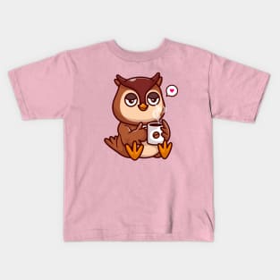 Cute Owl Drinking Coffee Cartoon Kids T-Shirt